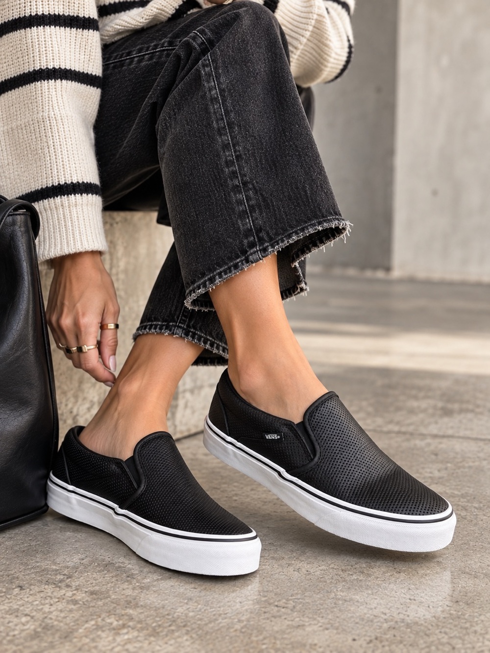 Vans Asher Perforated Leather Slip On Shoes Black Women’s Size 8 New